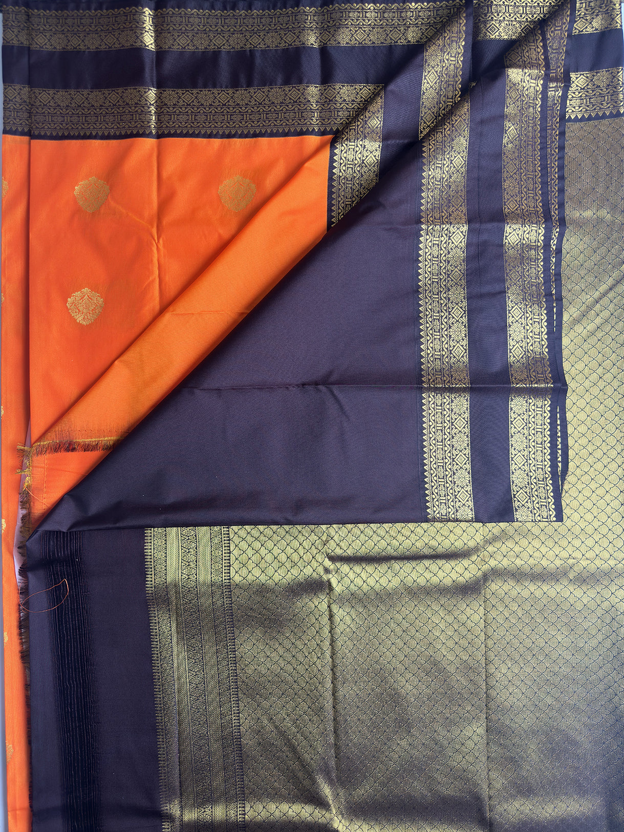 Orange Kanchipuram Semi Silk Saree with Charcoal Brown and Gold Zari Border Pallu