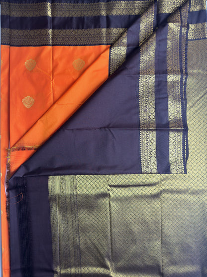 Orange Kanchipuram Semi Silk Saree with Charcoal Brown and Gold Zari Border Pallu