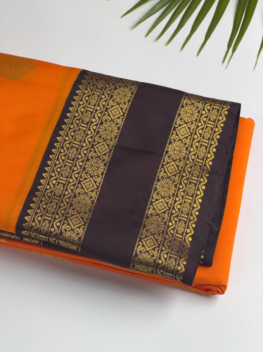 Orange Kanchipuram Semi Silk Saree with Charcoal Brown and Gold Zari Design Border