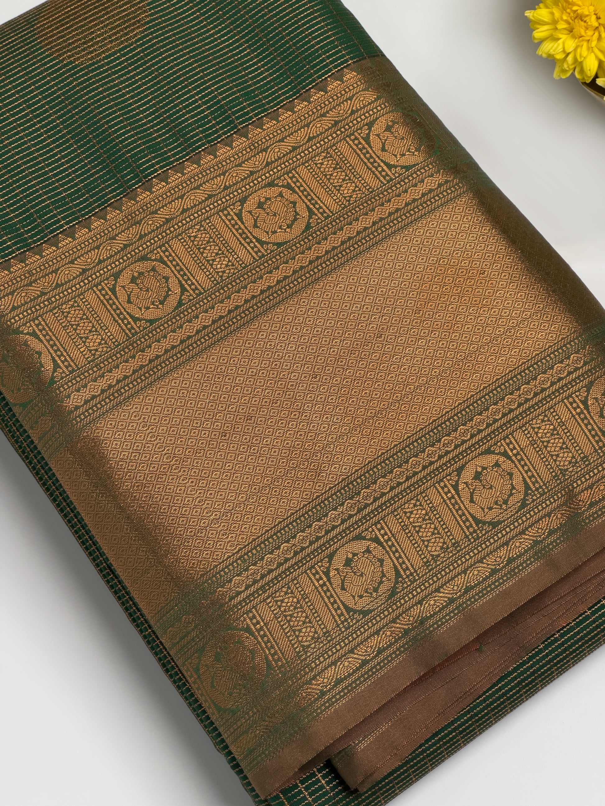 Palm Leaf Green Kanjivaram Semi Silk Saree with Rich Copper Zari Border Desingned border