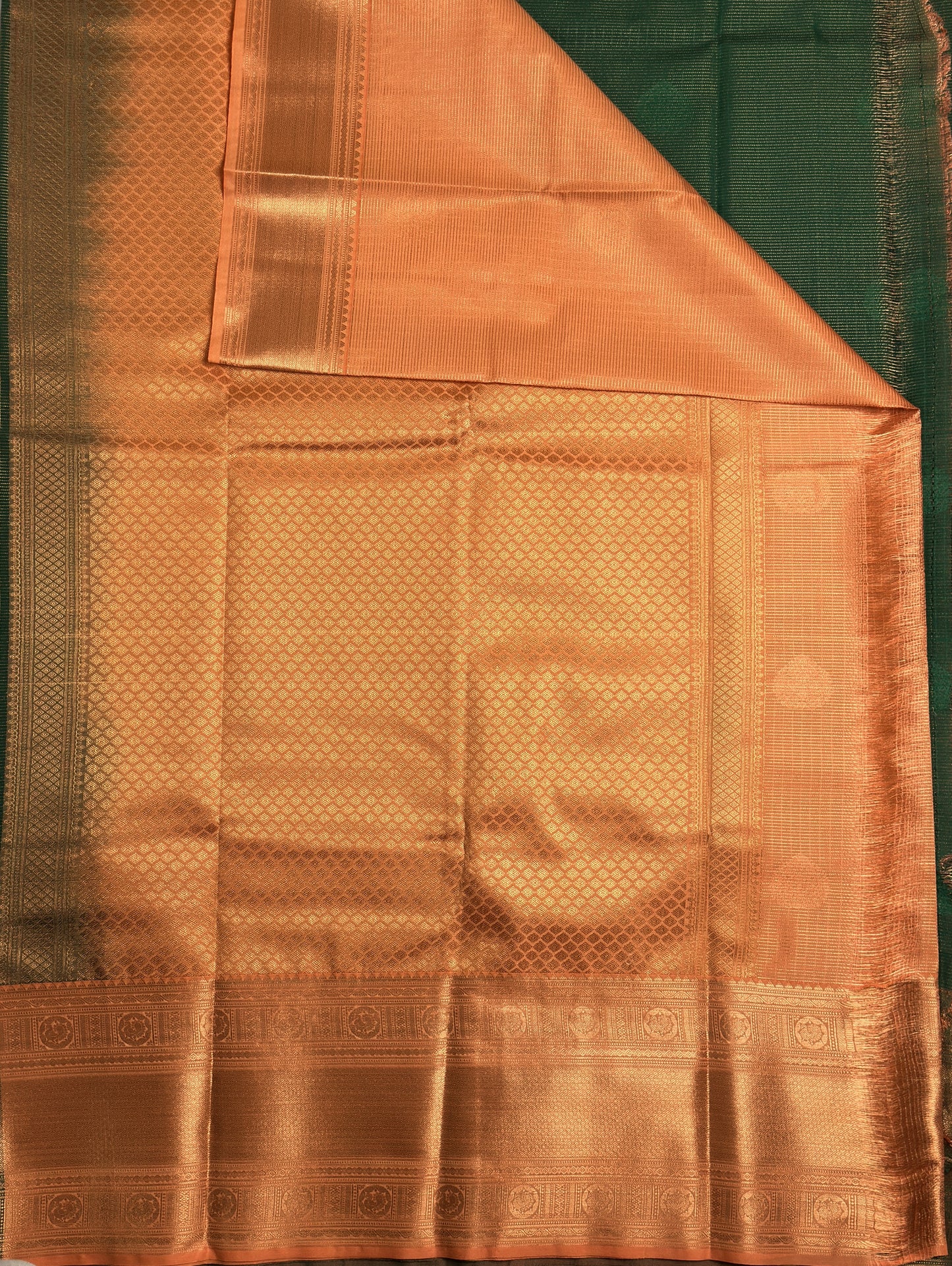 Palm Leaf Green Kanjivaram Semi Silk Saree with Rich Copper Zari Border Pallu