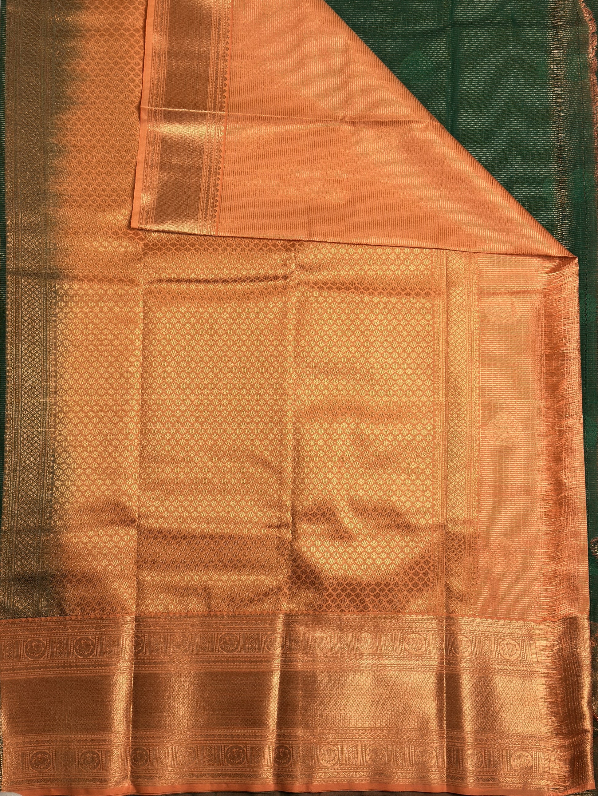 Palm Leaf Green Kanjivaram Semi Silk Saree with Rich Copper Zari Border Pallu
