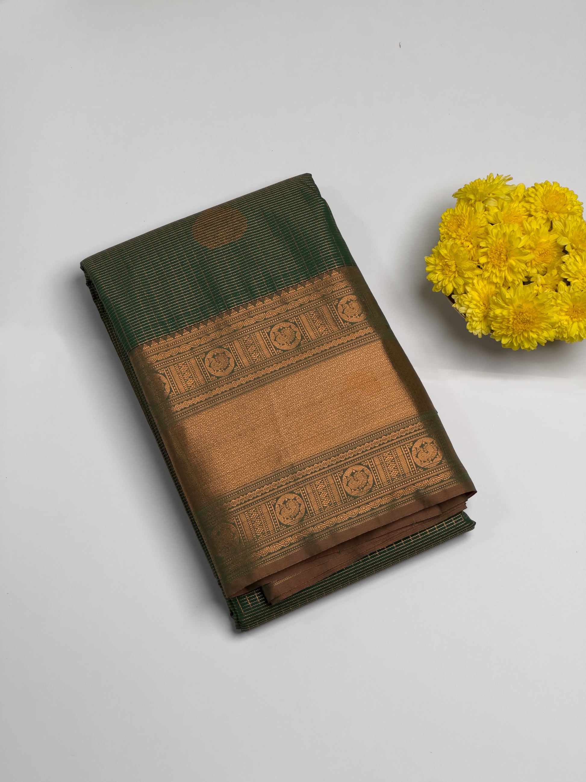 Palm Leaf Green Kanjivaram Semi Silk Saree with Rich Copper Zari Border Saree