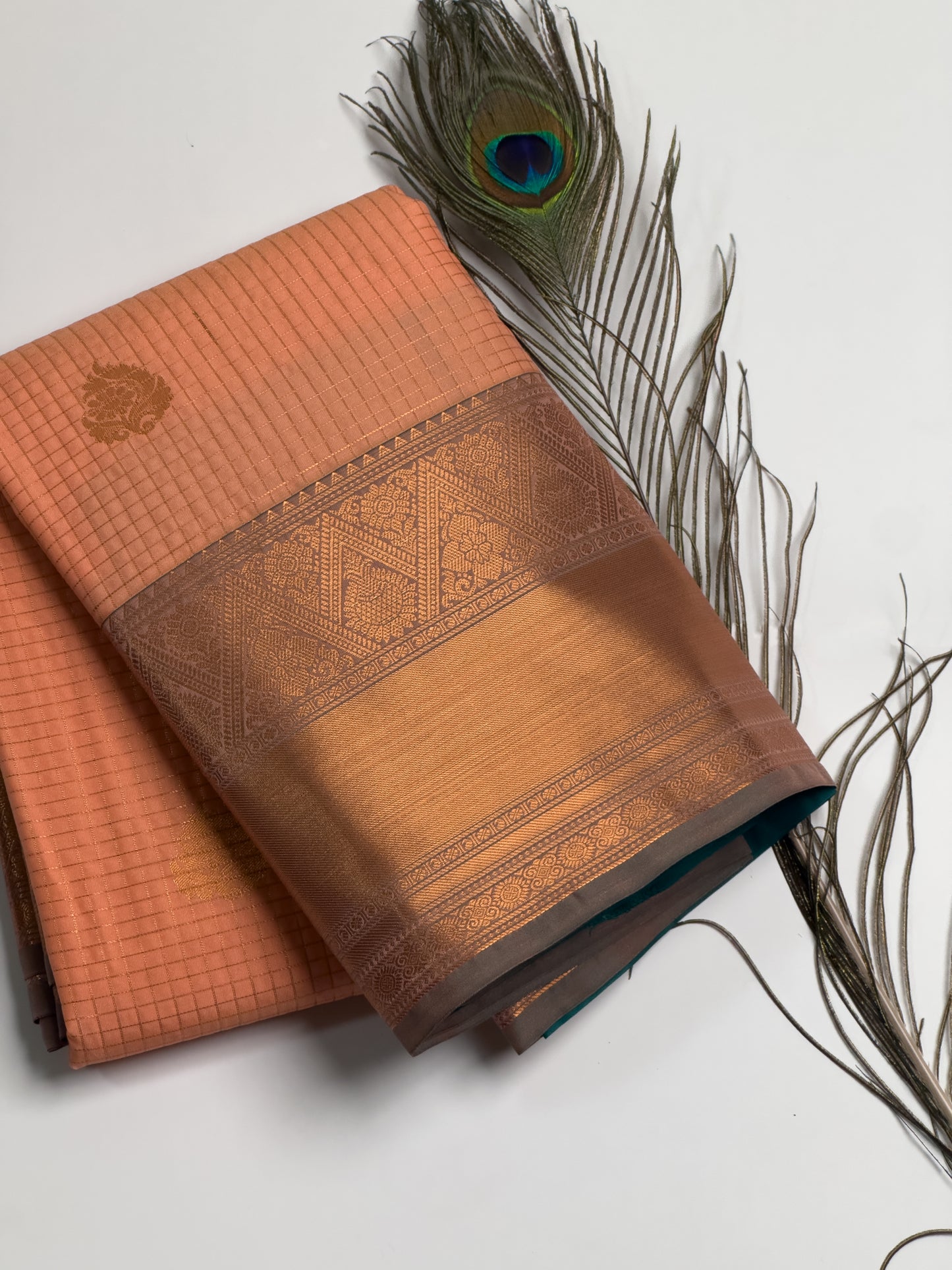 Peach Semi Silk Saree with Copper Zari Borderd Saree