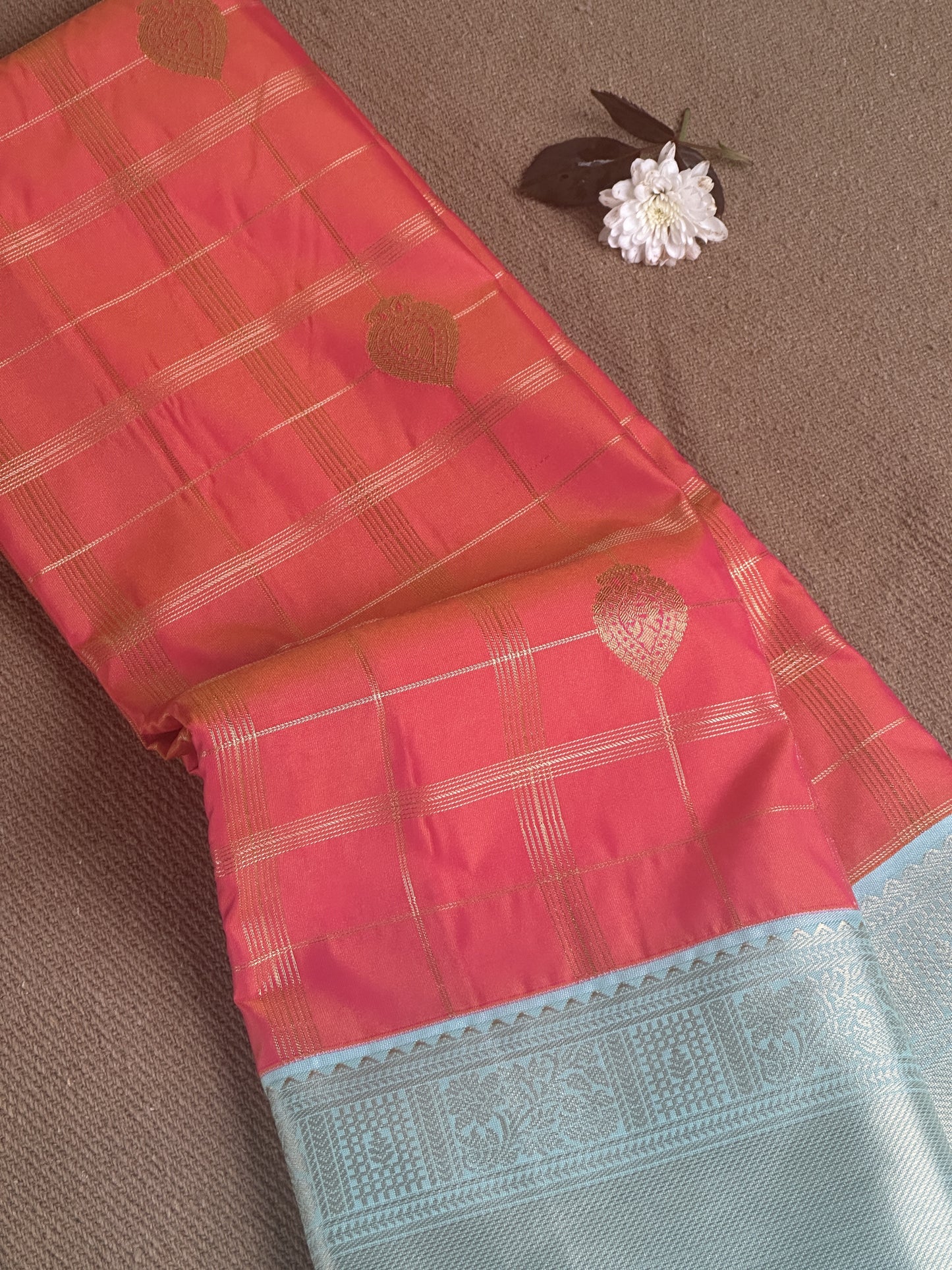 Pink Gradient Checked Semi Silk Saree with Sky Blue Gold Zari Border Design
