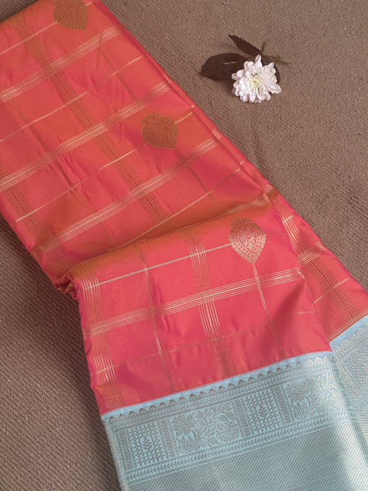 Pink Gradient Checked Semi Silk Saree with Sky Blue Gold Zari Border Design