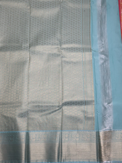 Pink Gradient Checked Semi Silk Saree with Sky Blue Gold Zari Border Pallu
