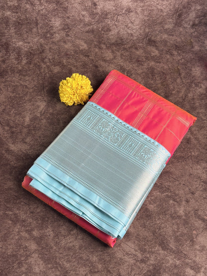 Pink Gradient Checked Semi Silk Saree with Sky Blue Gold Zari Border Saree