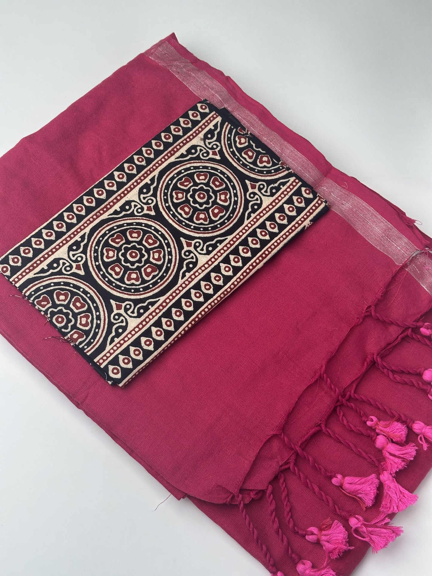Pink Khadi Cotton Saree with Ajrakh Printed Blouse Combo Sarees