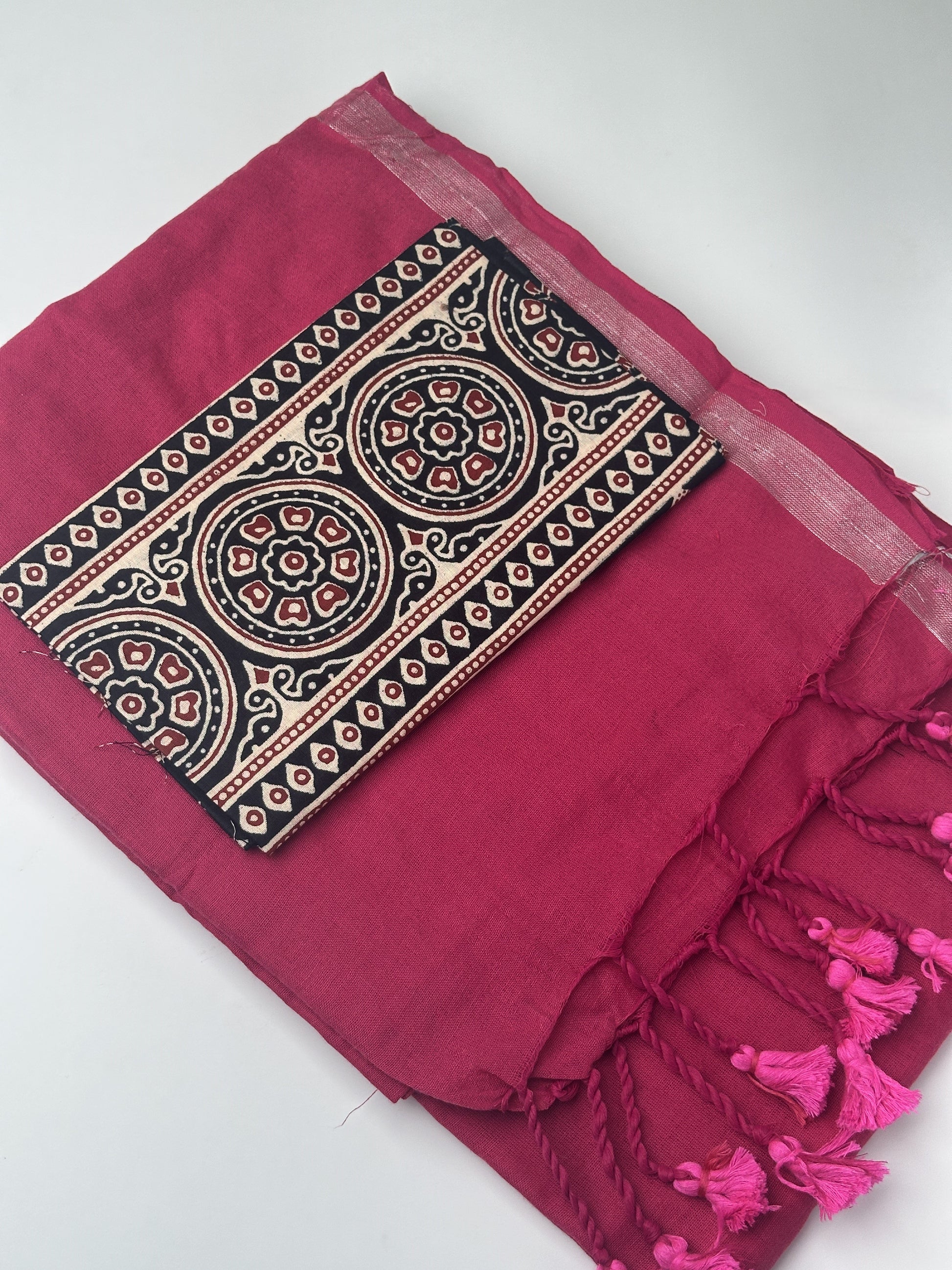 Pink Khadi Cotton Saree with Ajrakh Printed Blouse Combo Sarees