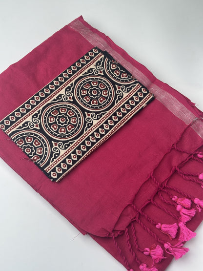 Pink Khadi Cotton Saree with Ajrakh Printed Blouse Combo Sarees
