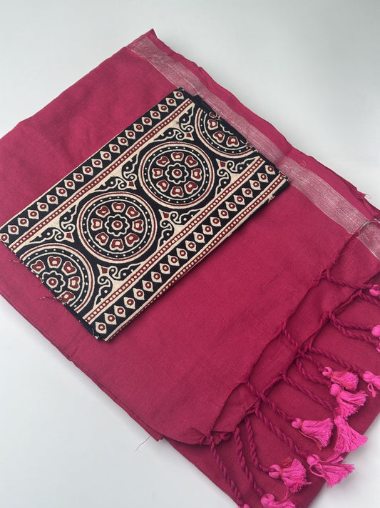 Pink Khadi Cotton Saree with Ajrakh Printed Blouse Combo Sarees