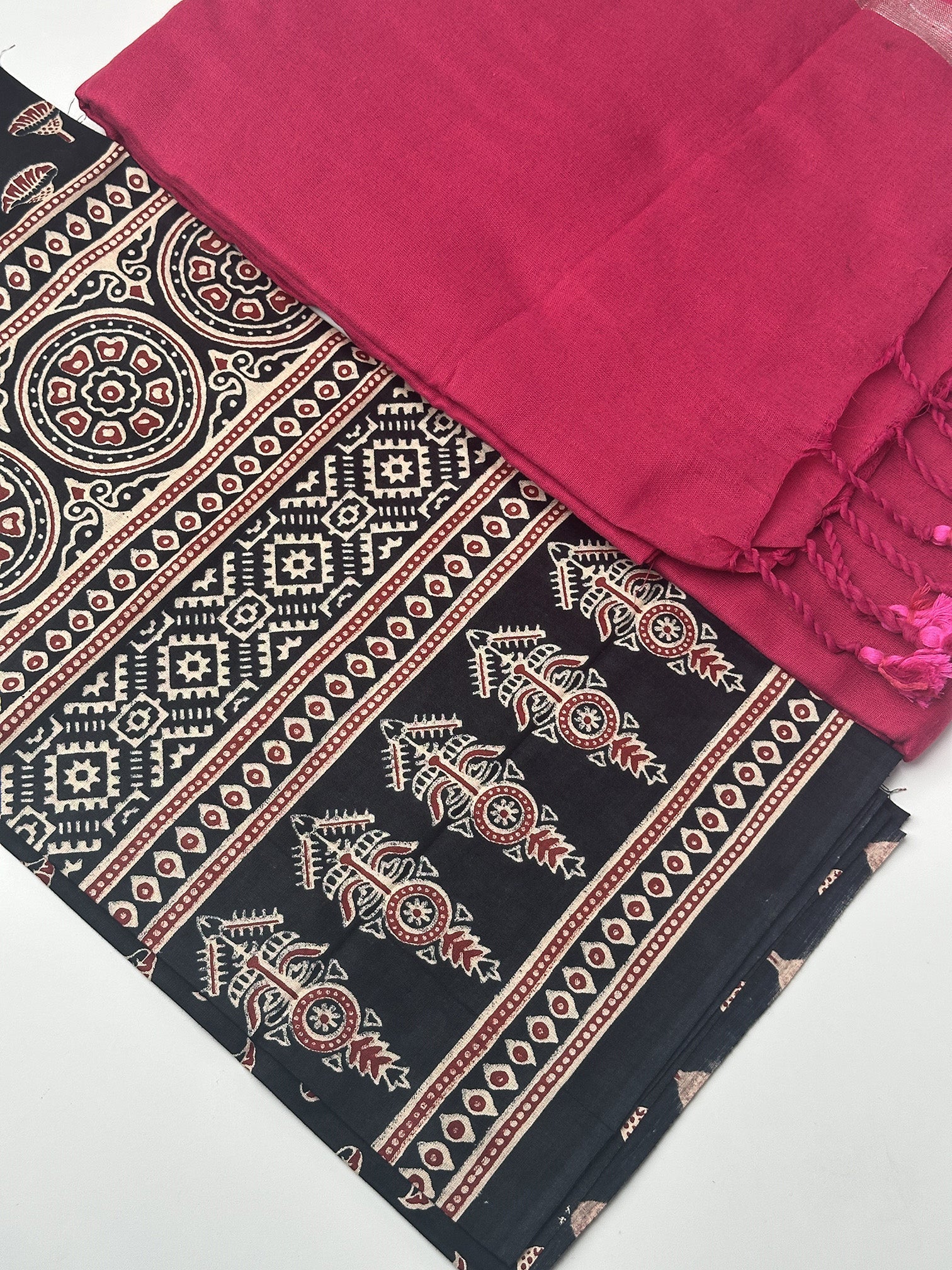 Pink Khadi Cotton Saree with Ajrakh Printed Blouse Combo Saree Design