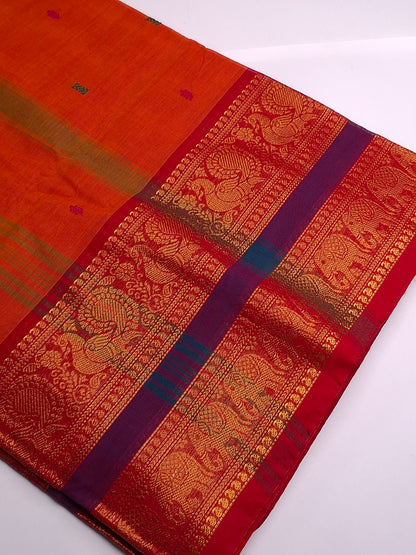 Pure Kanchi Dark Orange Cotton Saree with Peacock and Elephant Zari Border
