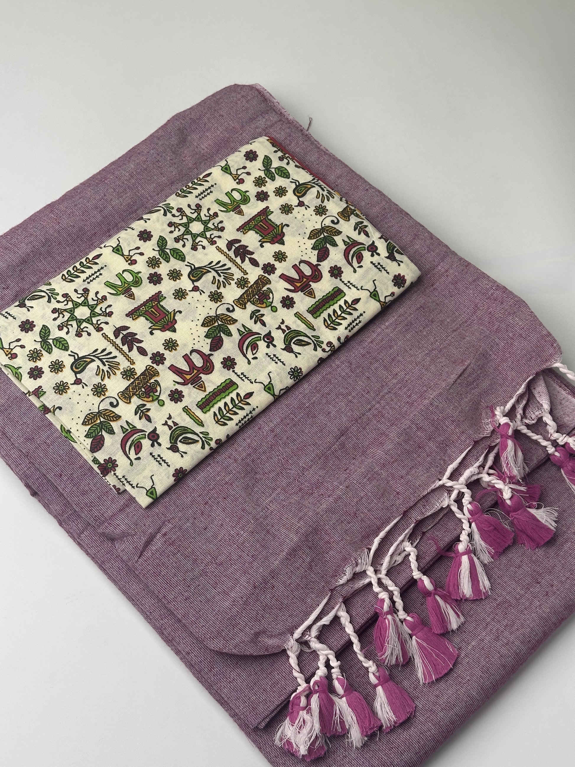 Purple Khadi Cotton Saree with Ajrakh Printed Blouse Combos Saree