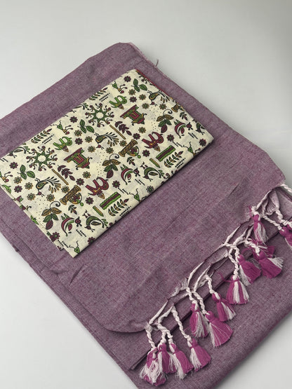 Purple Khadi Cotton Saree with Ajrakh Printed Blouse Combos Saree