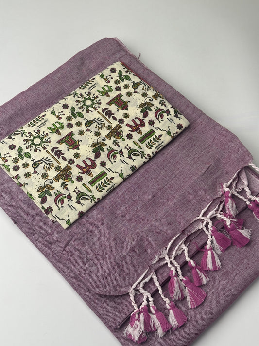 Purple Khadi Cotton Saree with Ajrakh Printed Blouse Combos Saree