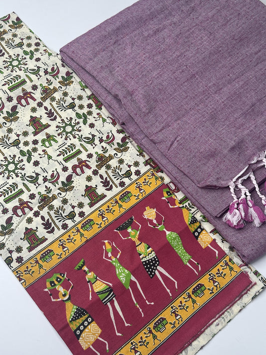 Purple Khadi Cotton Saree with Ajrakh Printed Blouse Combos Saree Designed