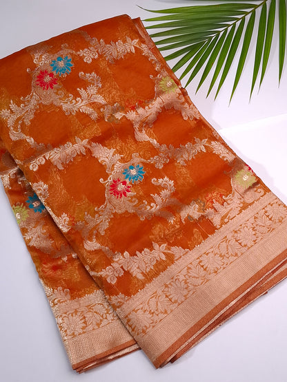 Radiant Orange Banaras Tissue Saree with Gold Border Saree