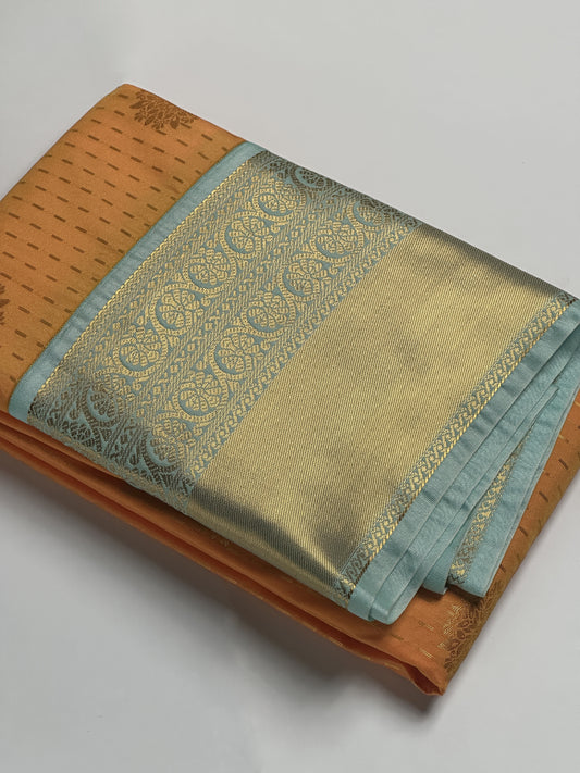 Radiant Orange Semi-Silk Saree with Sky Blue Border & Golden Zari Dotted Floral Design Border