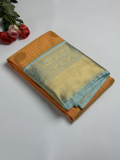 Radiant Orange Semi-Silk Saree with Sky Blue Border & Golden Zari Dotted Floral Design