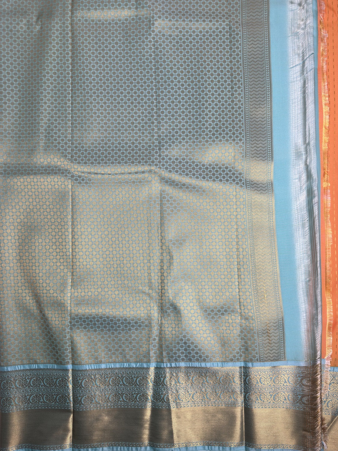 Radiant Orange Semi-Silk Saree with Sky Blue Border & Golden Zari Dotted Floral Design pallu