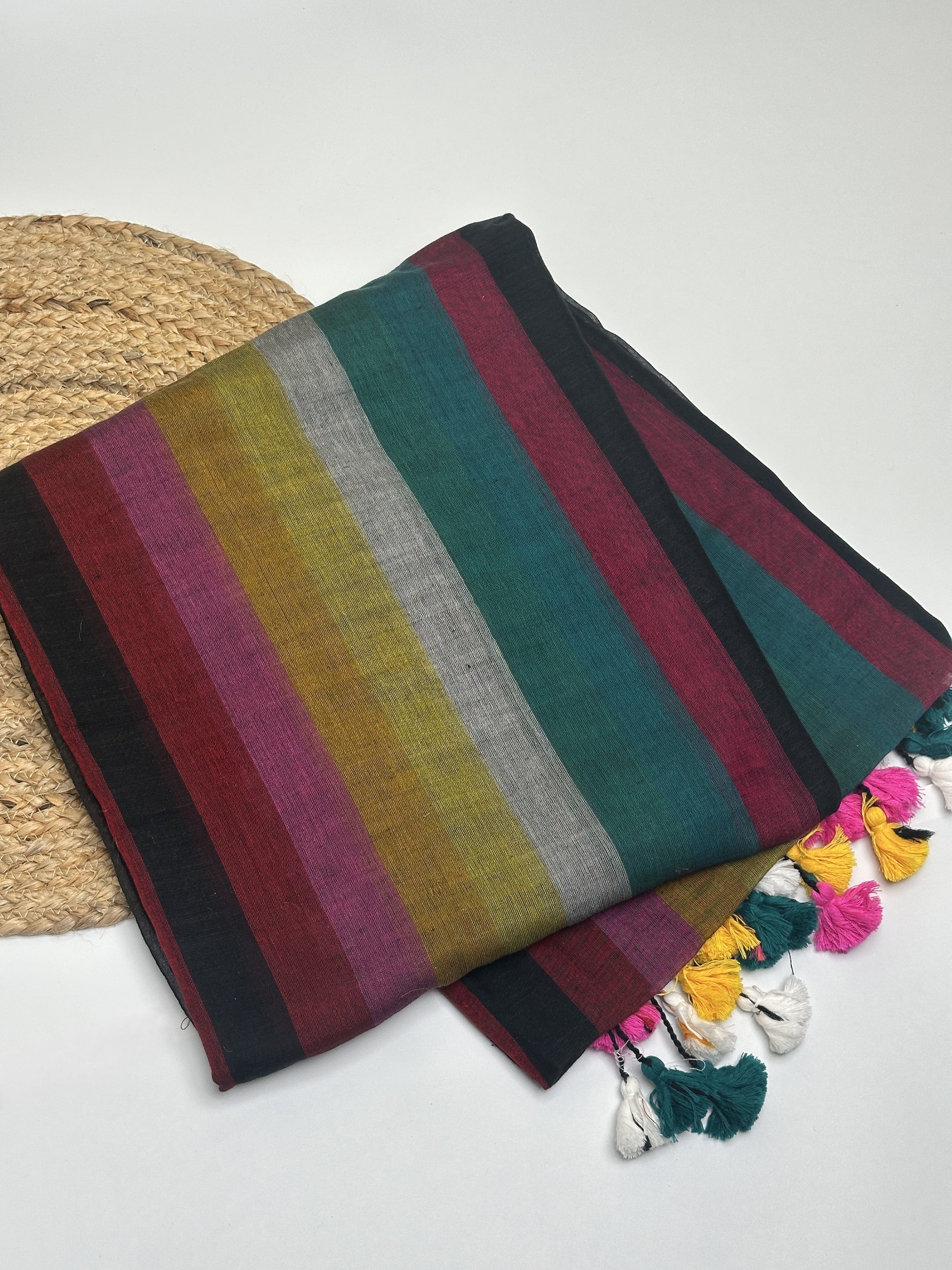 Rainbow Colored Handwoven Cotton Saree with Tassel Border
