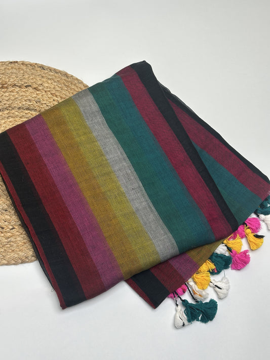 Rainbow Colored Handwoven Cotton Saree with Tassel Border
