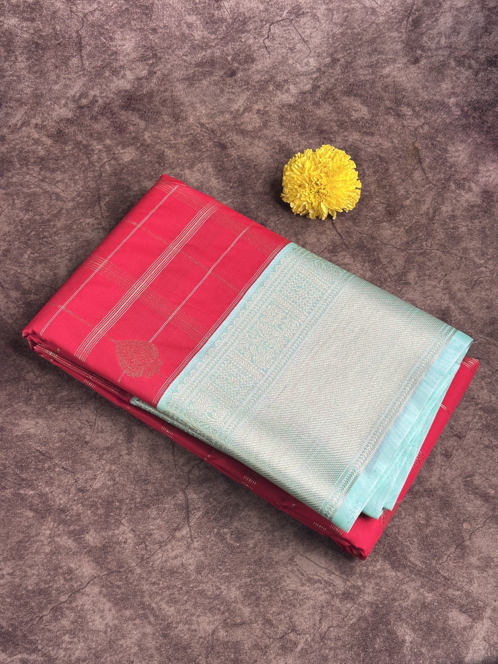 Red Gradient Semi Silk Saree with Sky Blue and Gold Zari Border