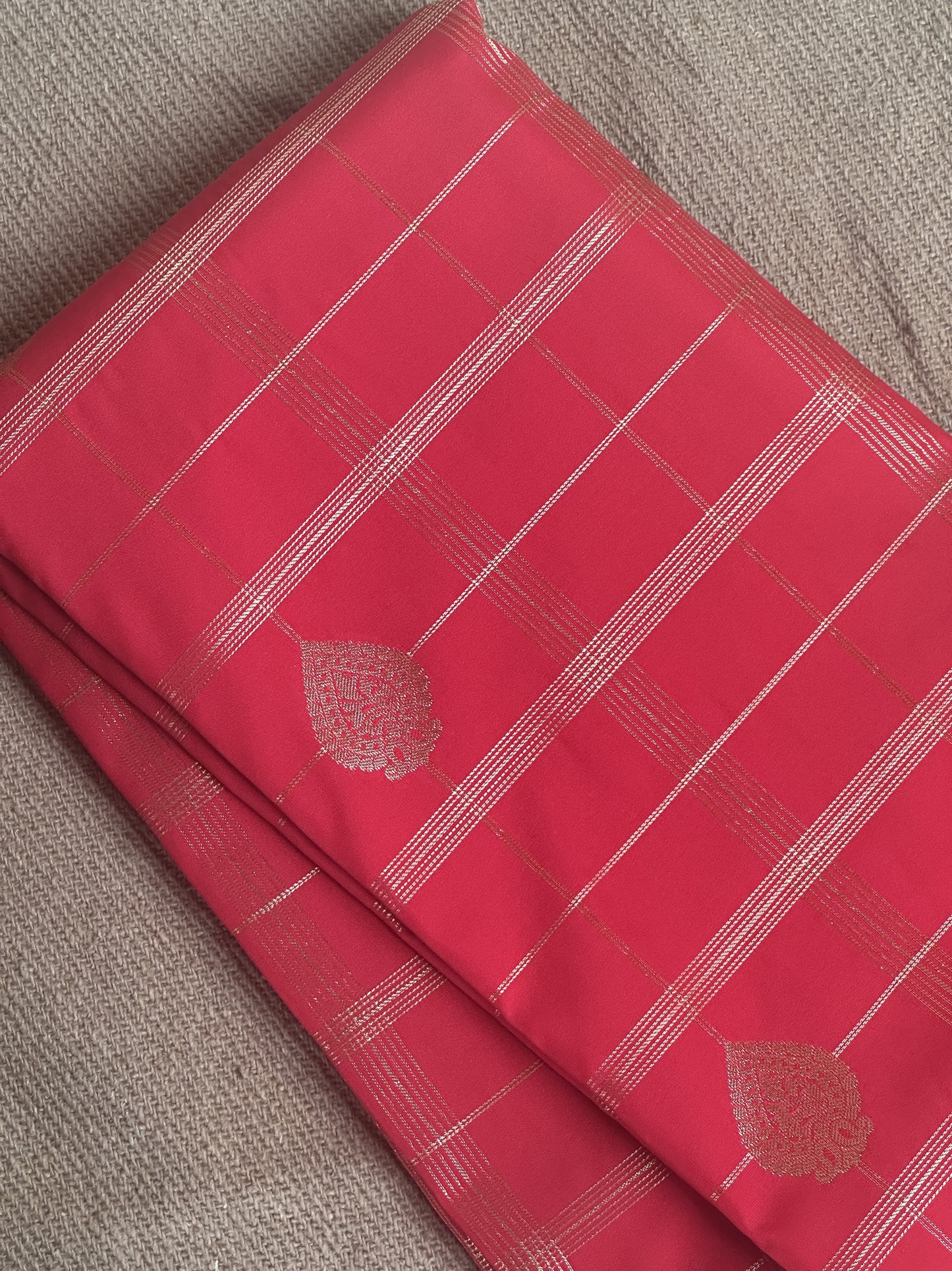 Red Gradient Semi Silk Saree with Sky Blue and Gold Zari Border Design