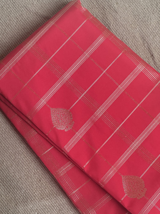 Red Gradient Semi Silk Saree with Sky Blue and Gold Zari Border Design