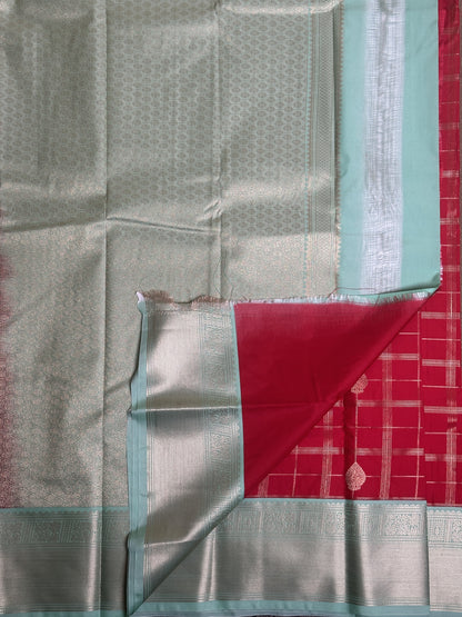 Red Gradient Semi Silk Saree with Sky Blue and Gold Zari Border Pallu