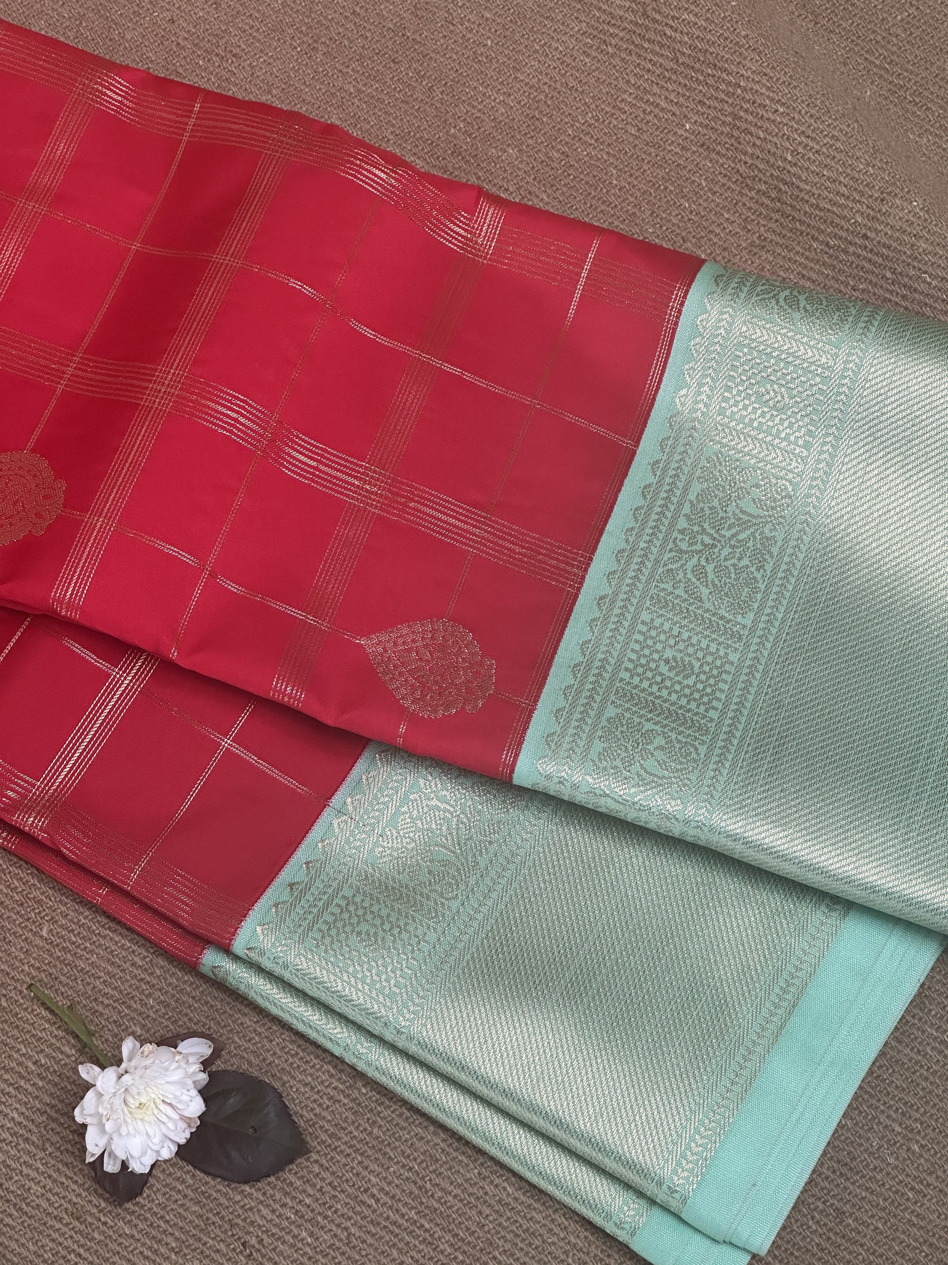 Red Gradient Semi Silk Saree with Sky Blue and Gold Zari Borders