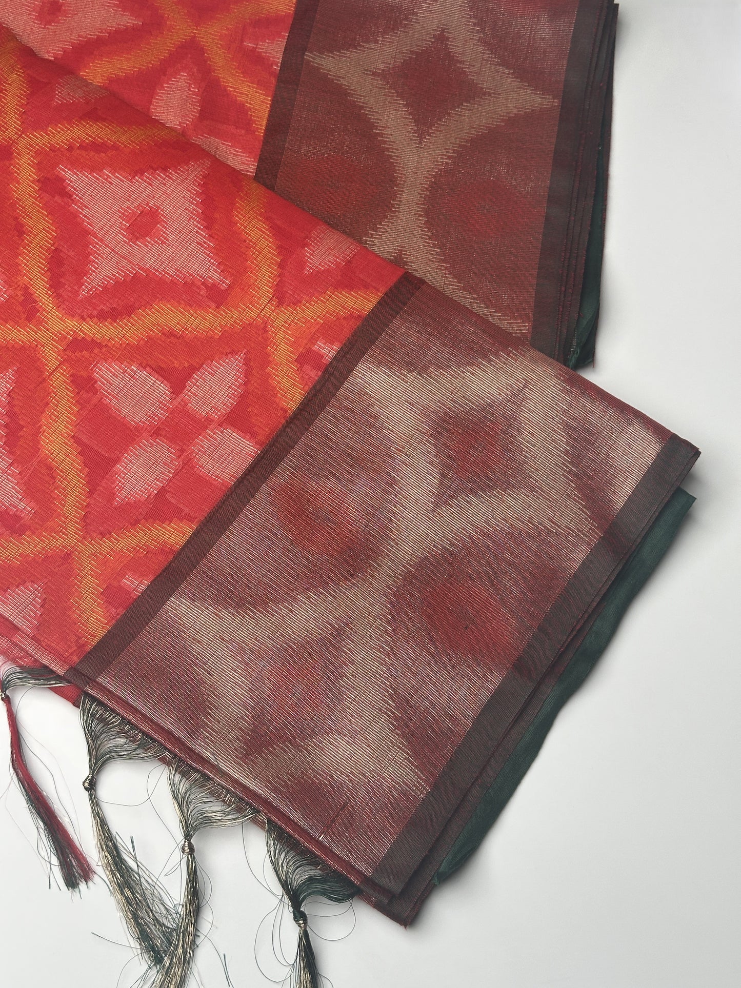 Red Pochampally Linen Saree Border