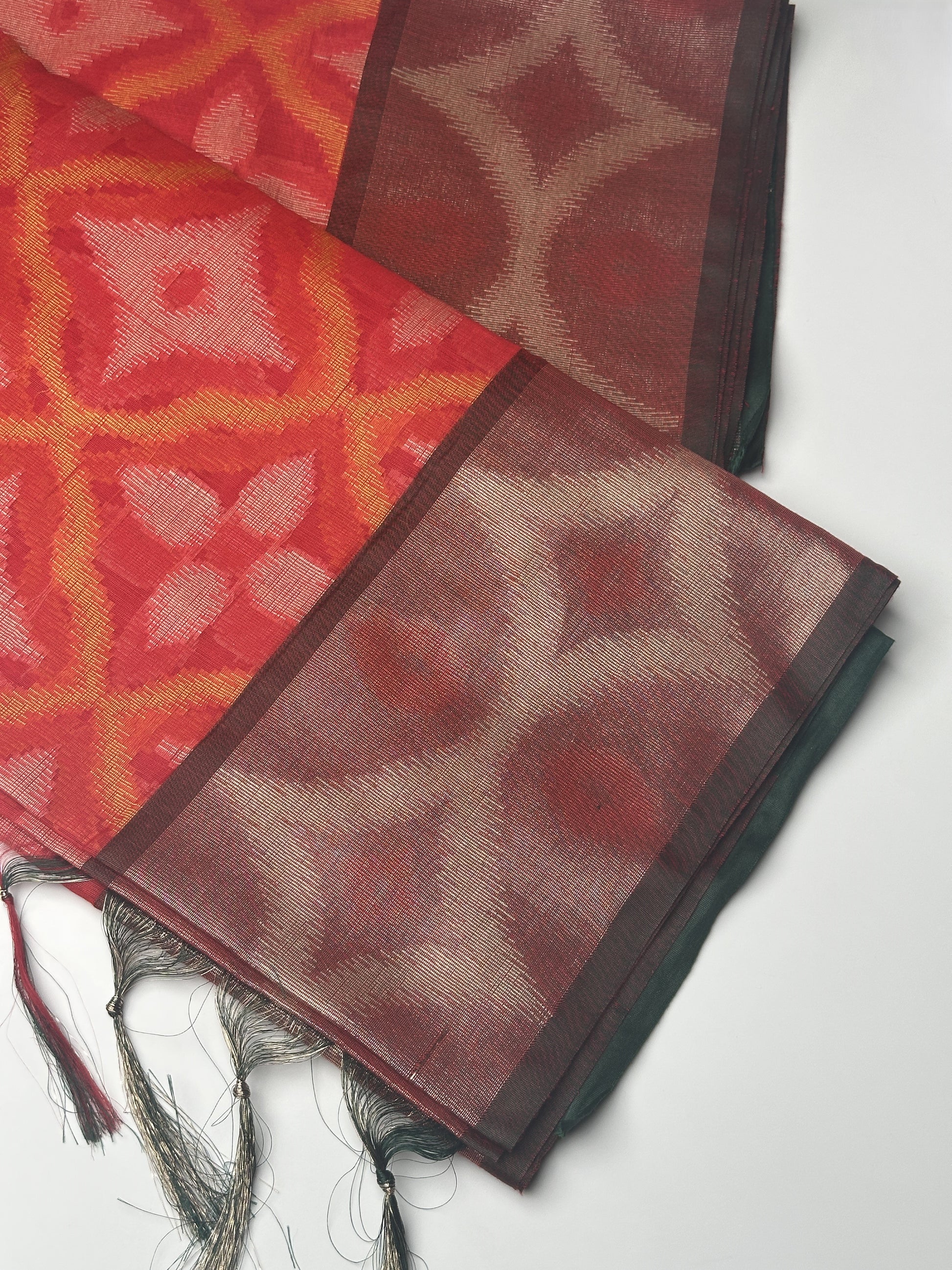 Red Pochampally Linen Saree Border