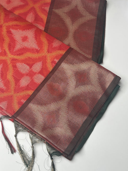 Red Pochampally Linen Saree Border