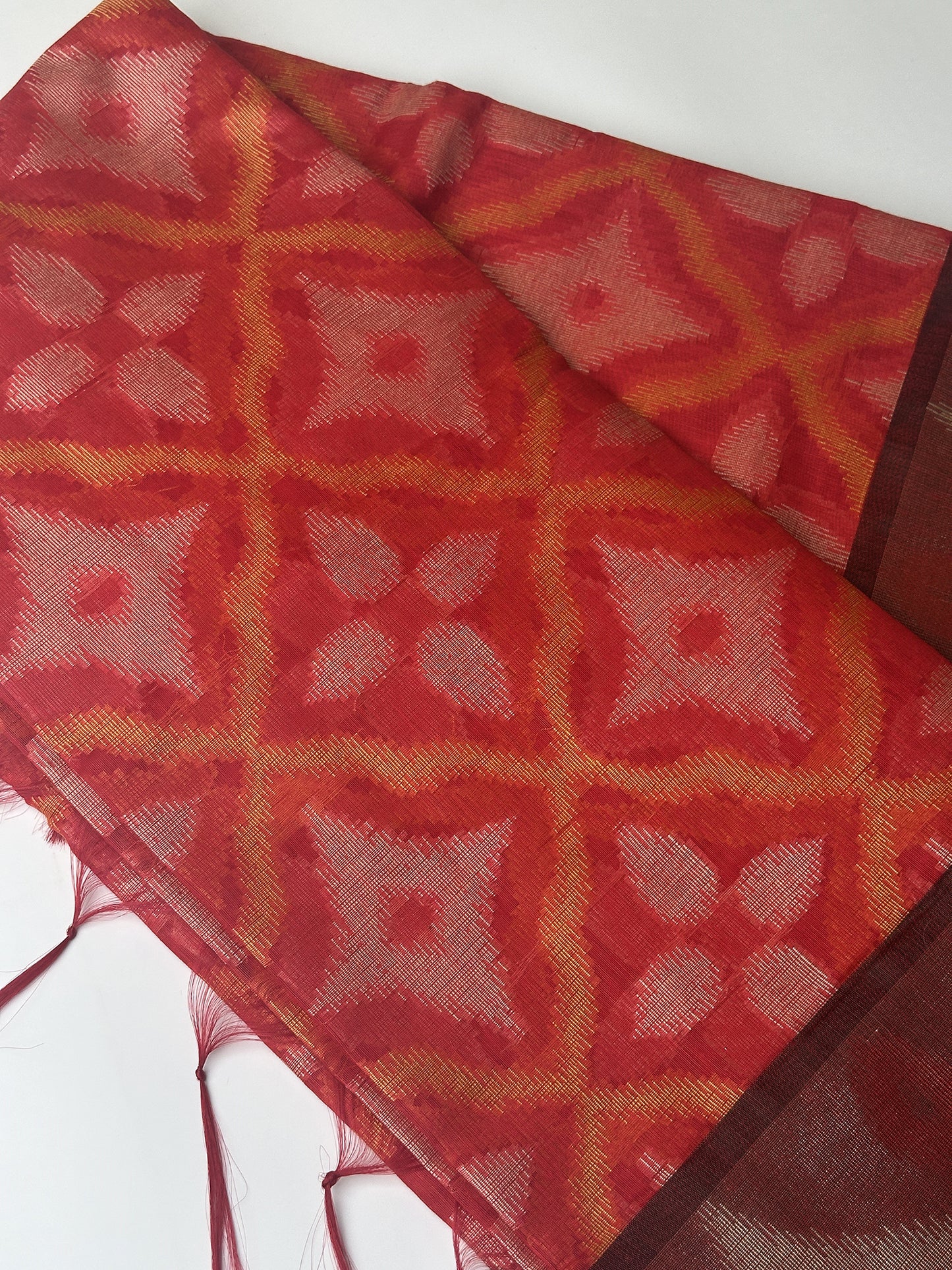 Red Pochampally Linen Saree Bordered