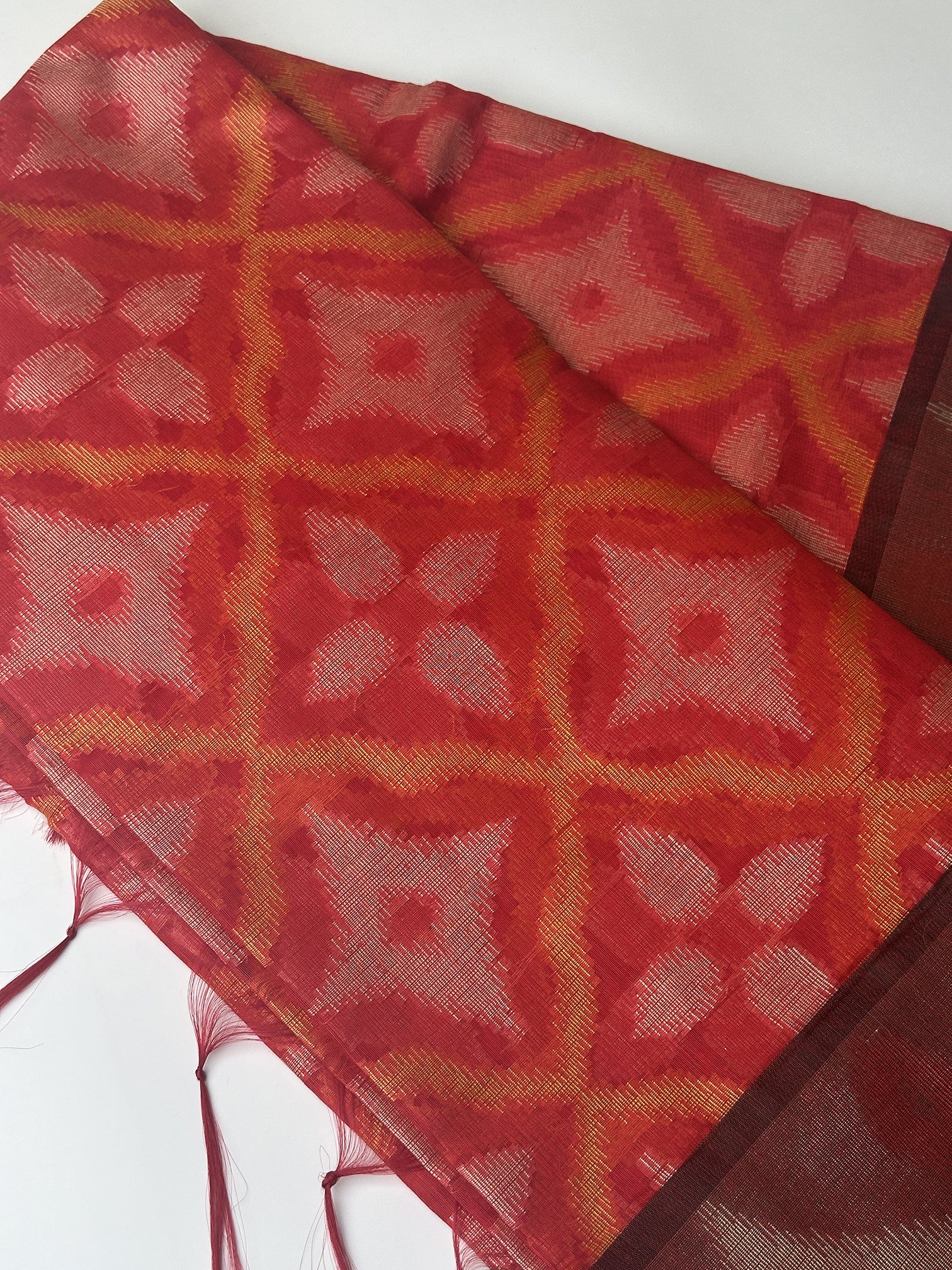 Red Pochampally Linen Saree Bordered