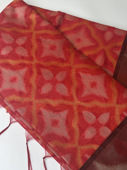 Red Pochampally Linen Saree Bordered