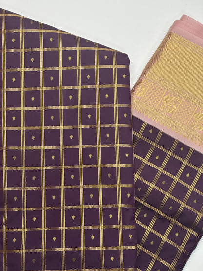 Regal Purple Checked Semi-Silk Saree with Baby Pink Border and Gold Zari