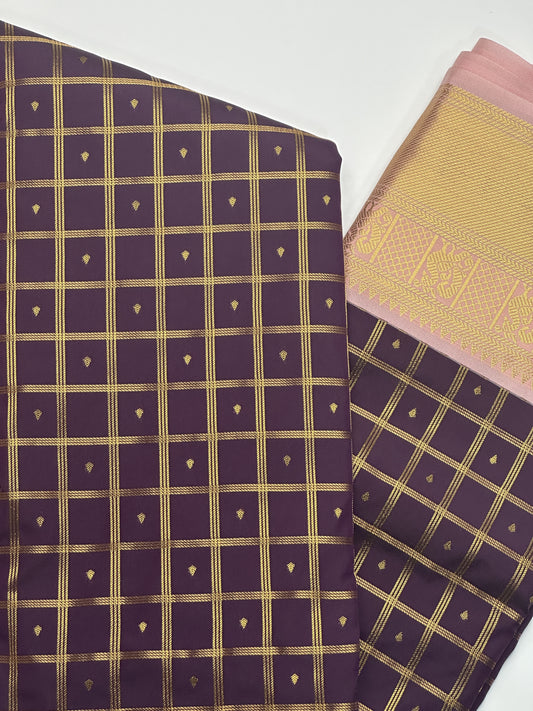Regal Purple Checked Semi-Silk Saree with Baby Pink Border and Gold Zari