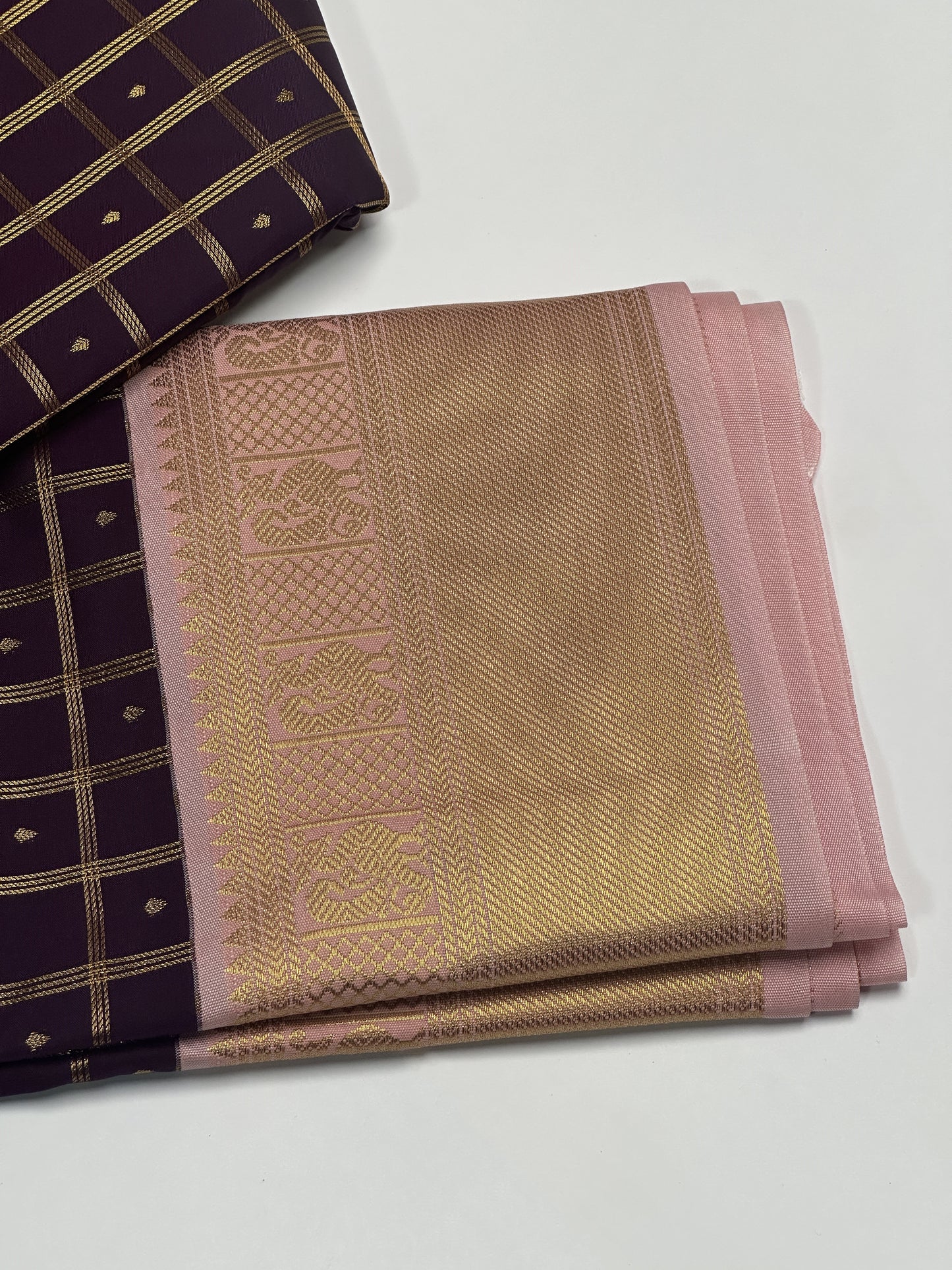 Regal Purple Checked Semi-Silk Saree with Baby Pink Border and Gold Zari Border
