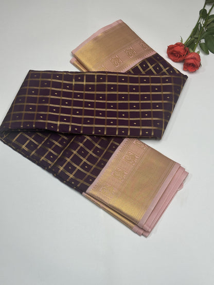 Regal Purple Checked Semi-Silk Saree with Baby Pink Border and Gold Zari Border Design