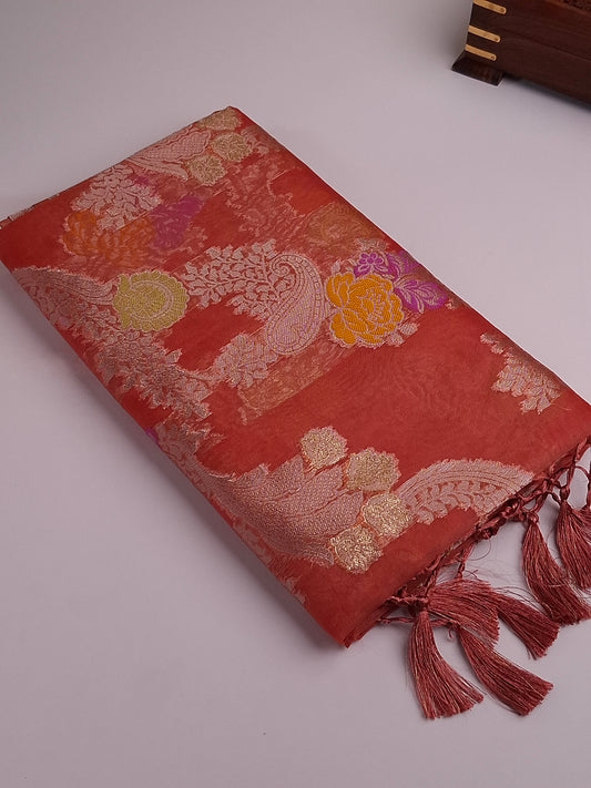 Saffron Red Banaras Tissue Saree with Copper Zari Border Sarees