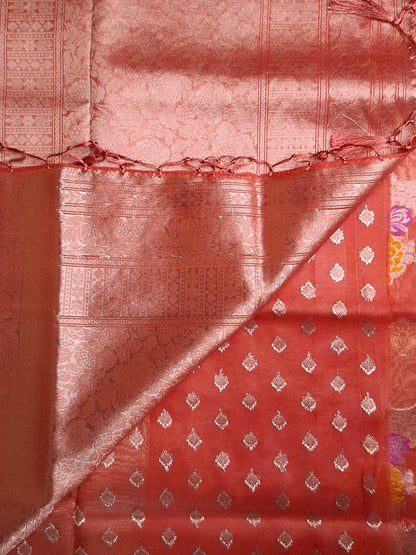 Saffron Red Banaras Tissue Saree with Copper Zari Borderd Design Saree Pallu