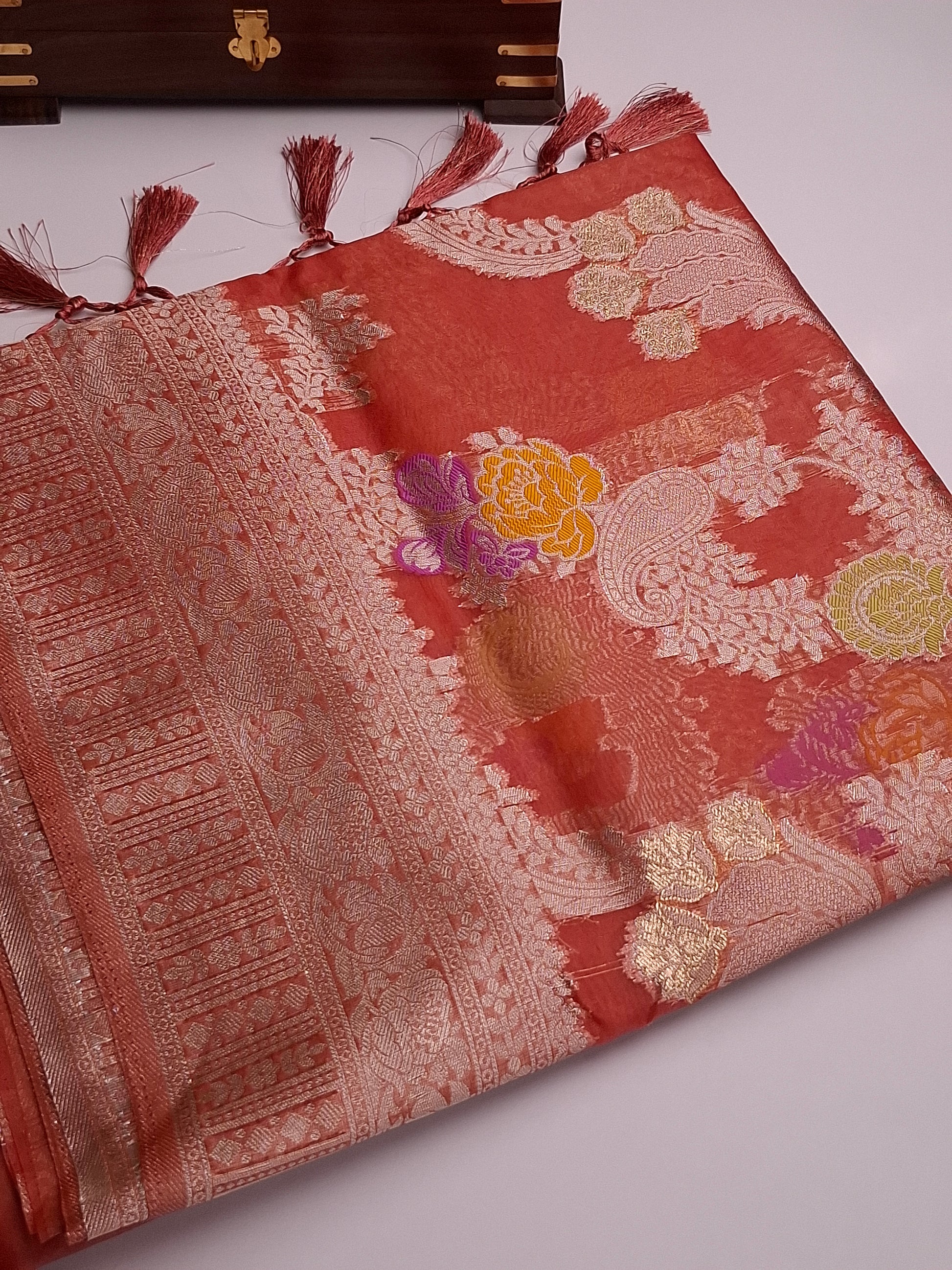 Saffron Red Banaras Tissue Saree with Copper Zari Bordered Design Saree