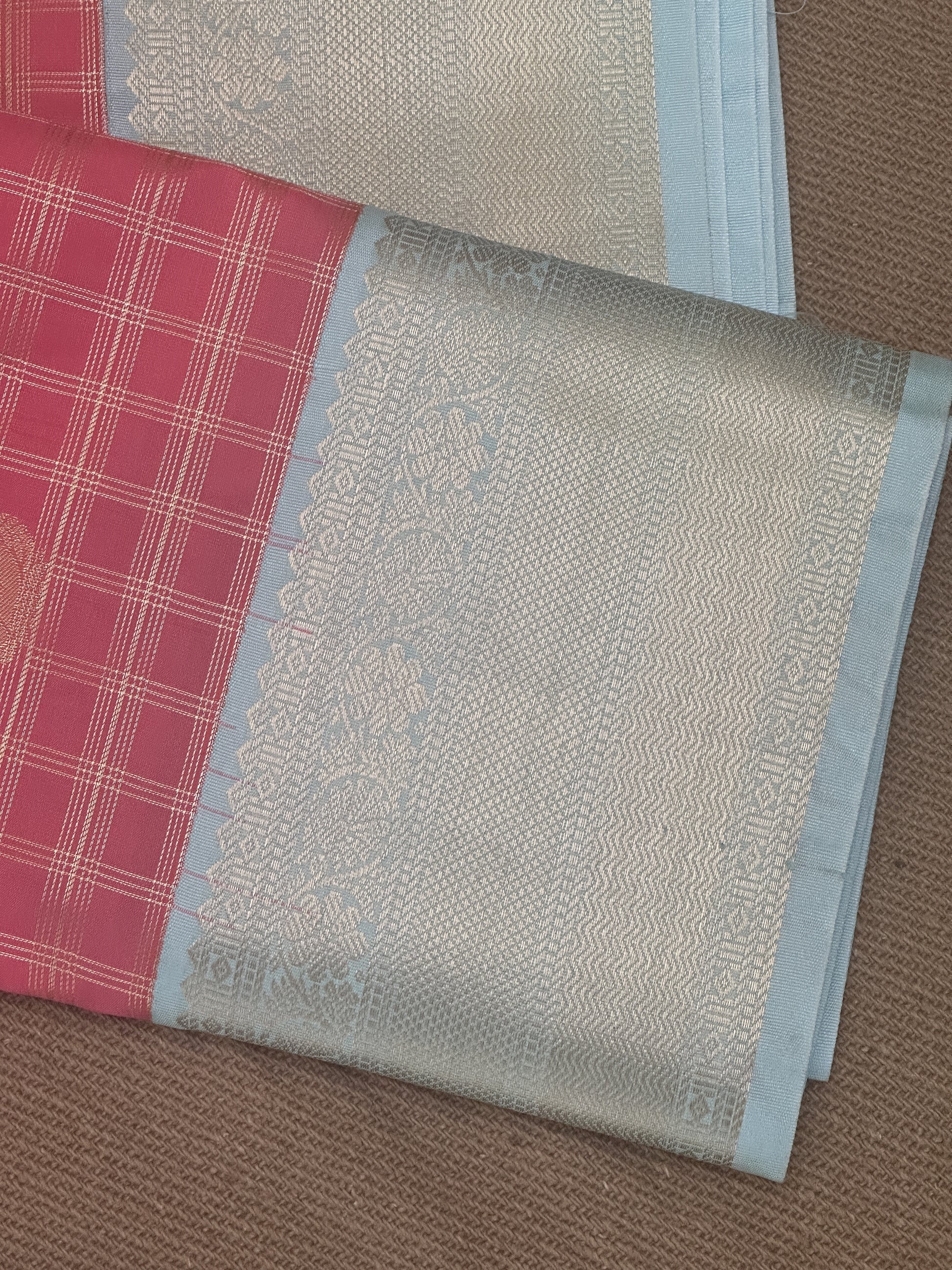 Strawberry Pink Checked Semi-Silk Saree with Gold Zari and Sky Blue Border