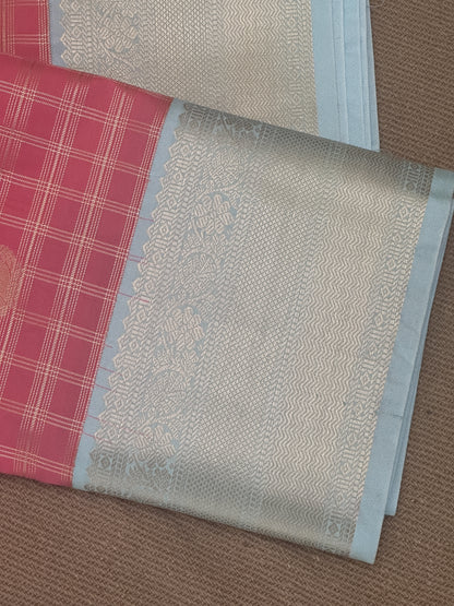 Strawberry Pink Checked Semi-Silk Saree with Gold Zari and Sky Blue Border