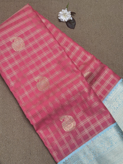 Strawberry Pink Checked Semi-Silk Saree with Gold Zari and Sky Blue Border Design