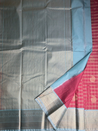 Strawberry Pink Checked Semi-Silk Saree with Gold Zari and Sky Blue Border pallu